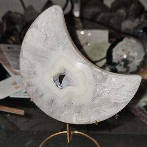 White Agate Crescent Geode on Gold Stand